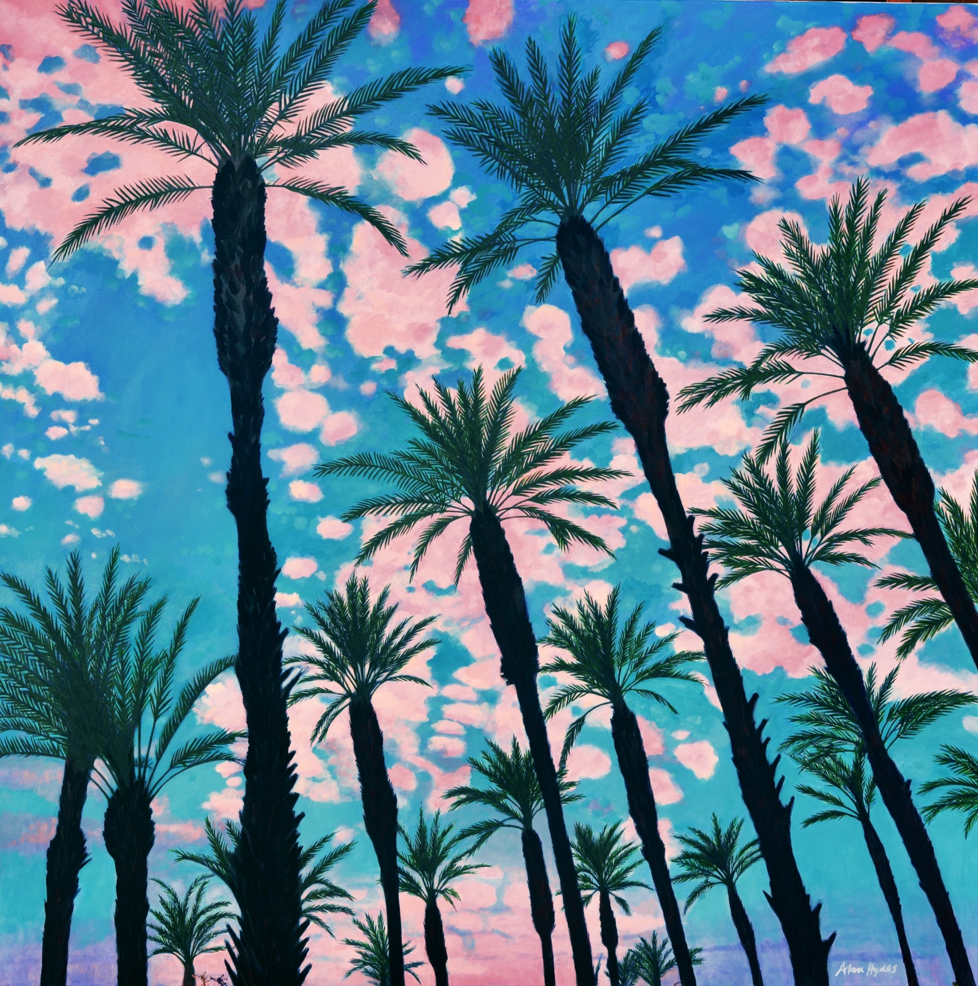 Painting of Palms against a pink and blue sky
