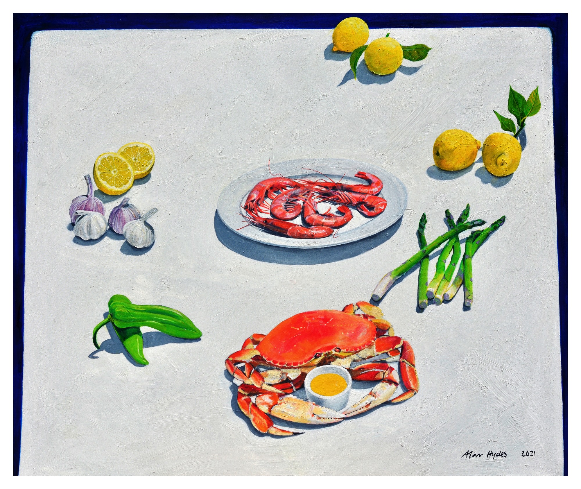 Panting still life of Crab and lemons on a table