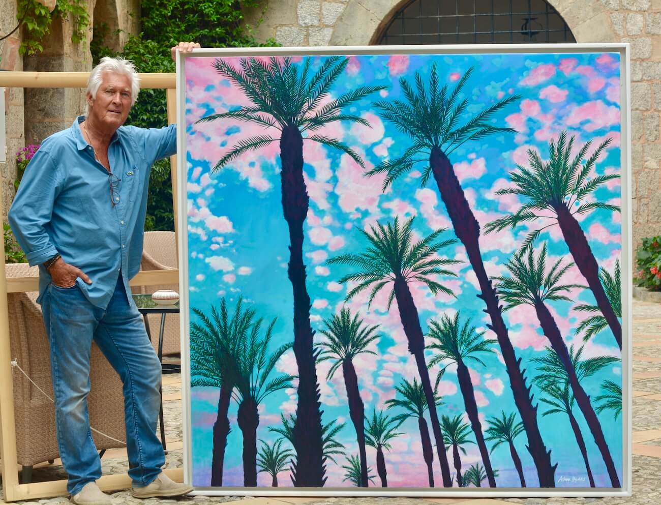 Alan Hydes - with Large Palms with pink clouds painting